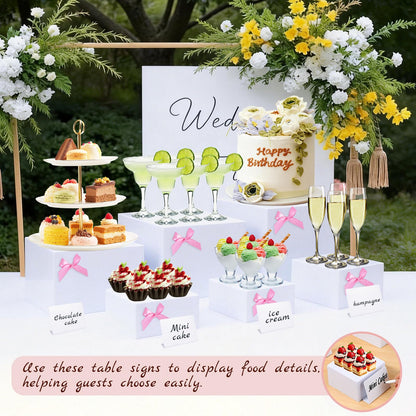 Hokimder 6 Pcs Acrylic Buffet Risers with Mini Signs and Makers, White Food Risers with Bowknot and Hollow Bottoms, Food Display Stands for Party, Dessert, Jewelry & Collectibles (8",7",6",5",4",4")