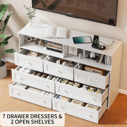 IDEALHOUSE Dresser for Bedroom with 7 Drawers, LED Lights & Charging Station, Wooden Chest with 2 Open Compartments, Freestanding Storage Organizer for Closet, Nursery, Entryway, White