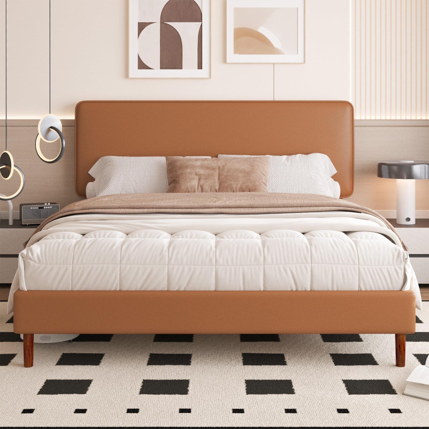 Lcwtvgxr King Size Leather Platform Bed Frame with Adjustable Upholstered Headboard, Solid Wooden Legs, No Box Spring Needed, Easy Assembly, Noise Free, Orange-Brown