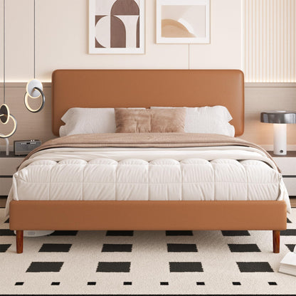 Lcwtvgxr King Size Leather Platform Bed Frame with Adjustable Upholstered Headboard, Solid Wooden Legs, No Box Spring Needed, Easy Assembly, Noise Free, Orange-Brown