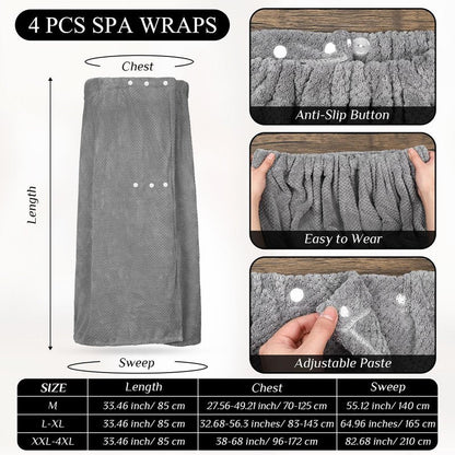 Tigeen 4 Pcs Spa Wrap Towel Wrap for Women Spa Robe with Adjustable Closure Elastic Top Lightweight Wraps for Bath Shower (Black,L-XL)