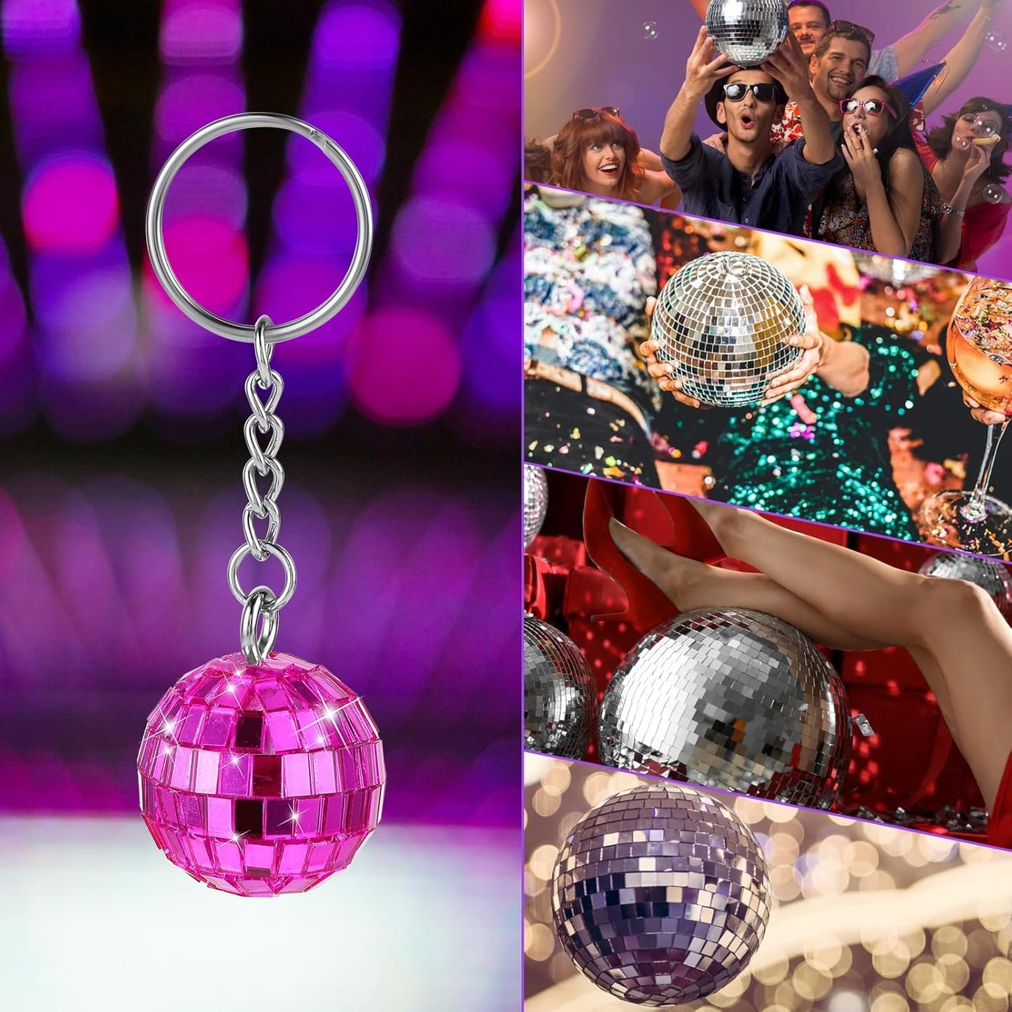 12 Pieces Disco Ball Keychain Party Favors, 70s Silver Mirror Ball Keychain Set for Halloween Christmas Party