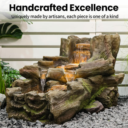 Sunlinua 34.5" L Garden Outdoor Water Fountain, Floor Standing Wood Imitation Resin Natural Waterfall Fountains with LED Lights for Patio, Porch, Home Art Decor