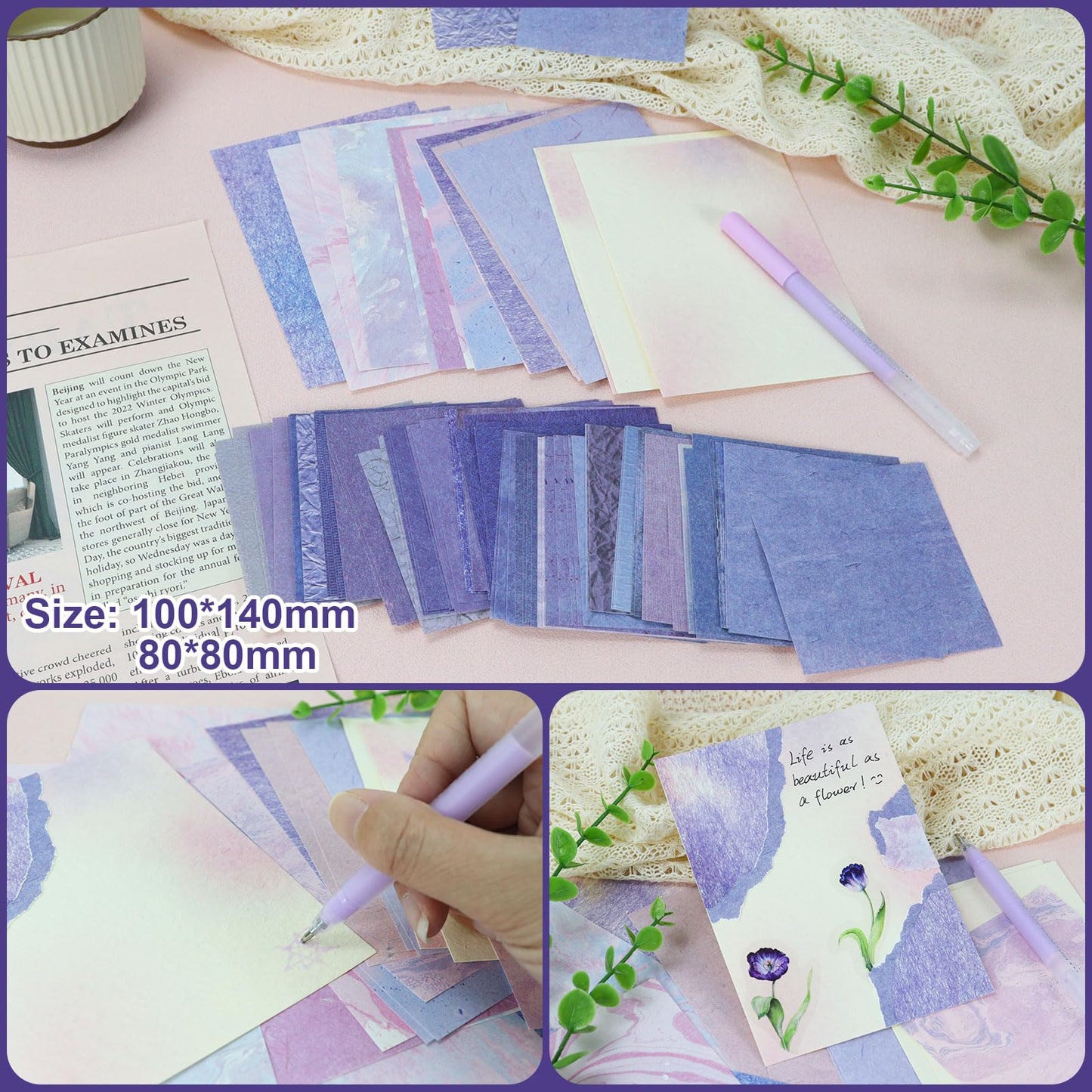 Koqye 215PCS Aesthetic Scrapbook Paper Pack, Junk Journal Supplies Starter Kit with Floral Stickers, Scissor, Quick Dry Glue Pen, Scrapbook Kit for Planner DIY Arts Craft Collage(Mystic Amethyst)