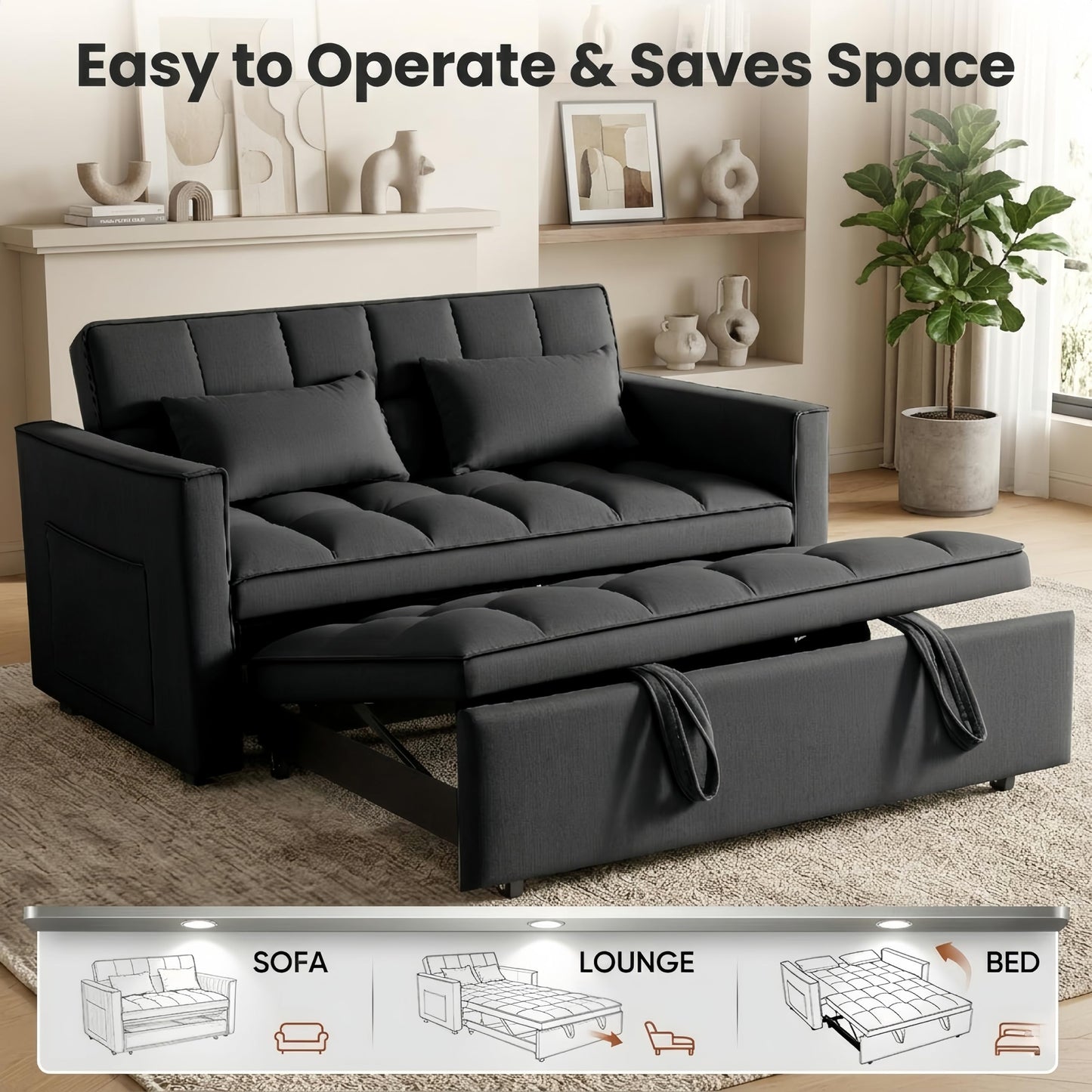 Trygoal 3 in 1 Convertible Sofa Bed, Love Seat Sleeper Bed with Side Pockets, Velvet Fabric Pull Out Couch with Adjustable Backrest for Living Room, Bedroom, Apartment, Black