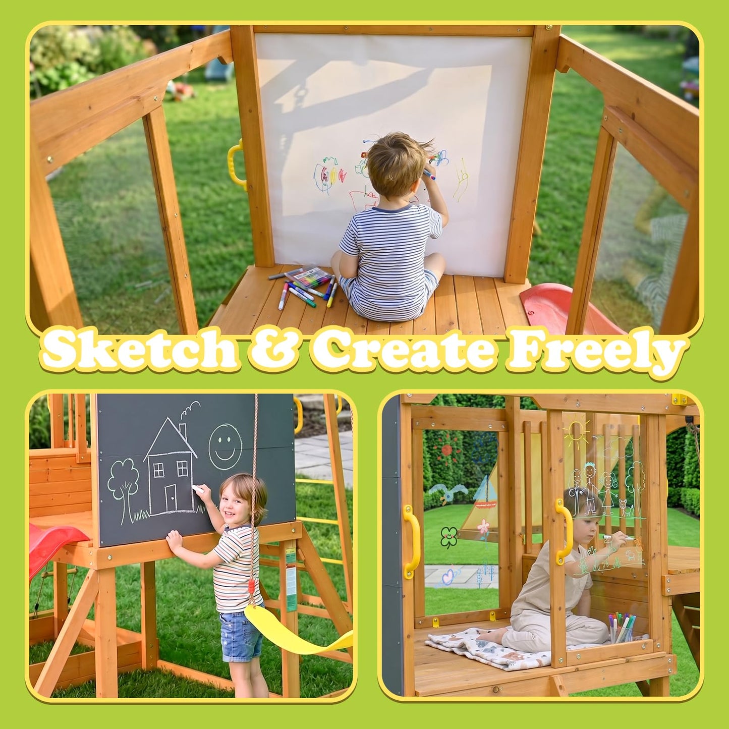 SUNIBOXI Wooden Swing Sets for Backyard, Kids Outdoor Playground Set with Monkey Bars, Slide, Swings, Climbing Ladder, Rock Wall, Picnic Table with Canopy for Ages 3-10