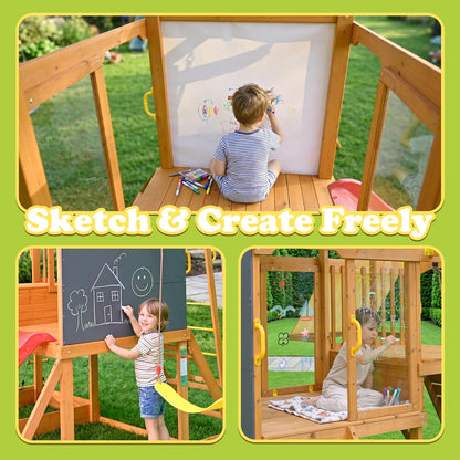 SUNIBOXI Wooden Swing Sets for Backyard, Kids Outdoor Playground Set with Monkey Bars, Slide, Swings, Climbing Ladder, Rock Wall, Picnic Table with Canopy for Ages 3-10