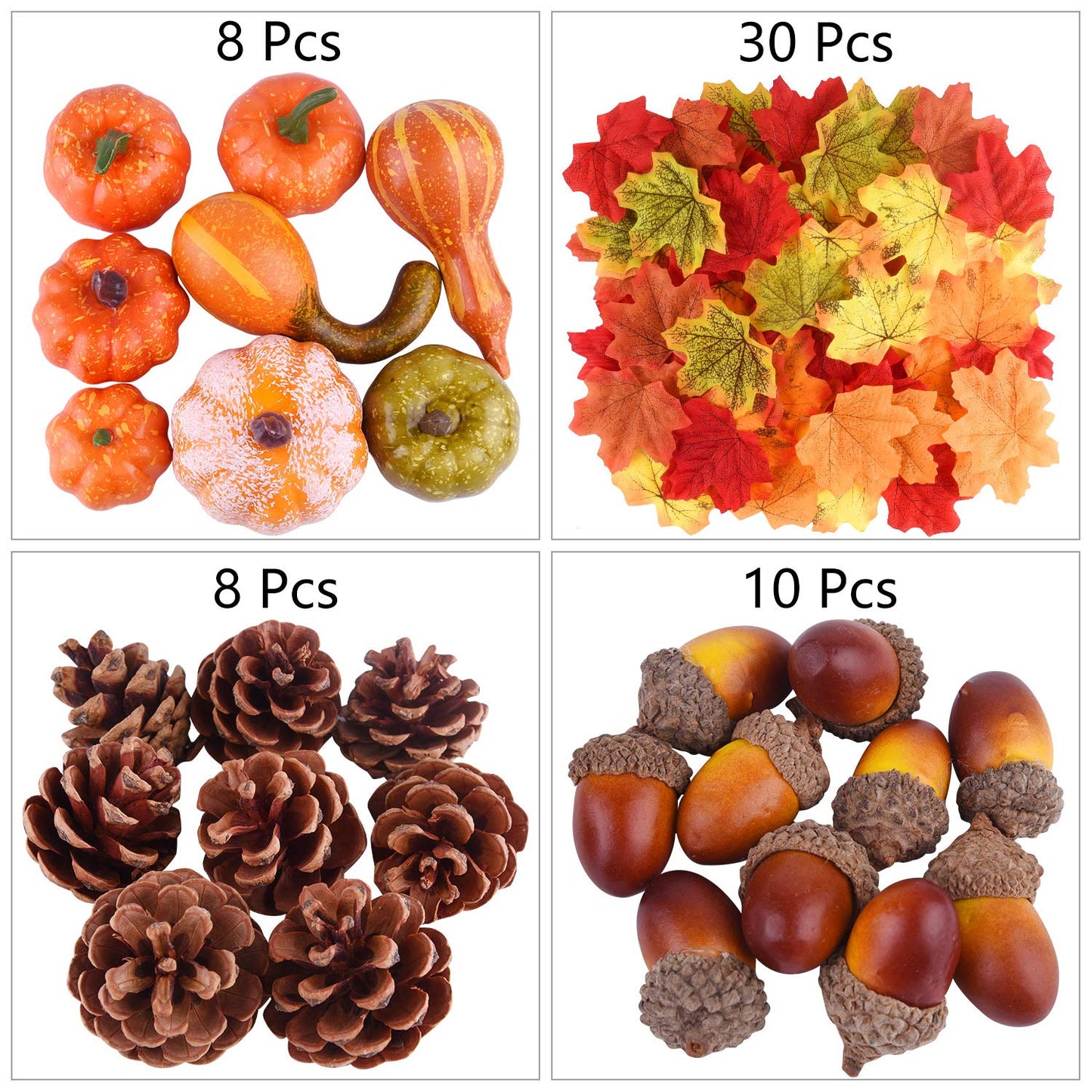 FEPITO 56 Pcs Fall Thanksgiving Decorations, Mini Artificial Pumpkins, Pine Cones, Fall Leaves, Acorns for Fall Party Decorations, Autumn Decorating Kit Halloween Thanksgiving Party Supplies