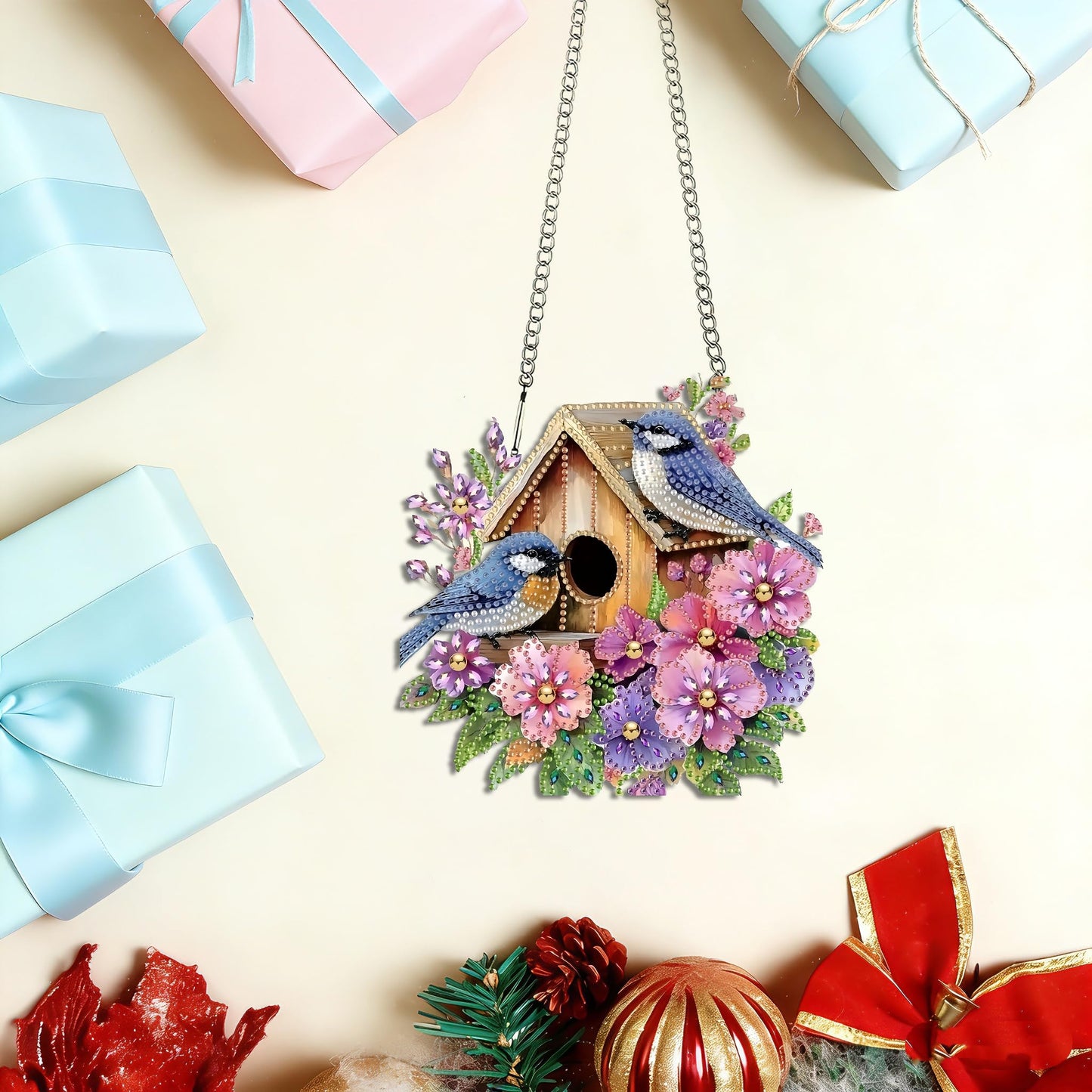 LPDJITO DIY Birdhouse Diamond Painting Hanging Ornament, Double-Sided Acrylic Flowers Bird Diamond Art Kit, Special Shaped Drill Pendant Window Art Kit, Suncatcher Hanging Craft Decoration