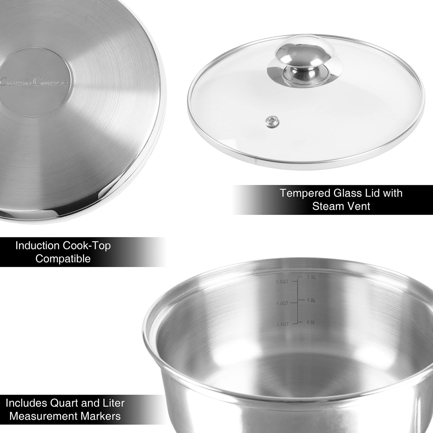 6 Cup Double Boiler Pot Set – 1.5 Quart Stainless-Steel Saucepan 2-in-1 with Vented Glass Lid – Kitchen Cookware with Measurements by Classic Cuisine