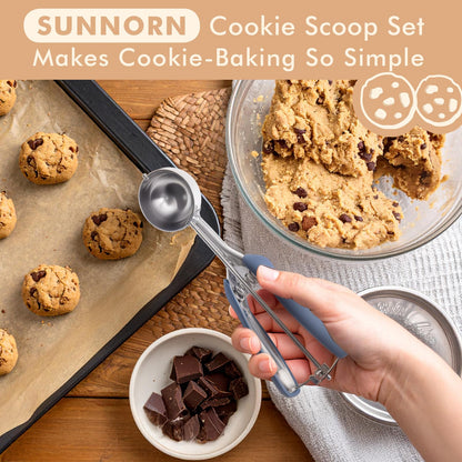 SUNNORN Cookie Scoop set, Cookie Scoops for Baking Set of 3, Size #60/ #40/ #20, Cookie Dough Scoop, Non-Slip Grip, Blue/Black/Mint Handle, For Cookies Muffin Cupcake Meatball Ice Cream