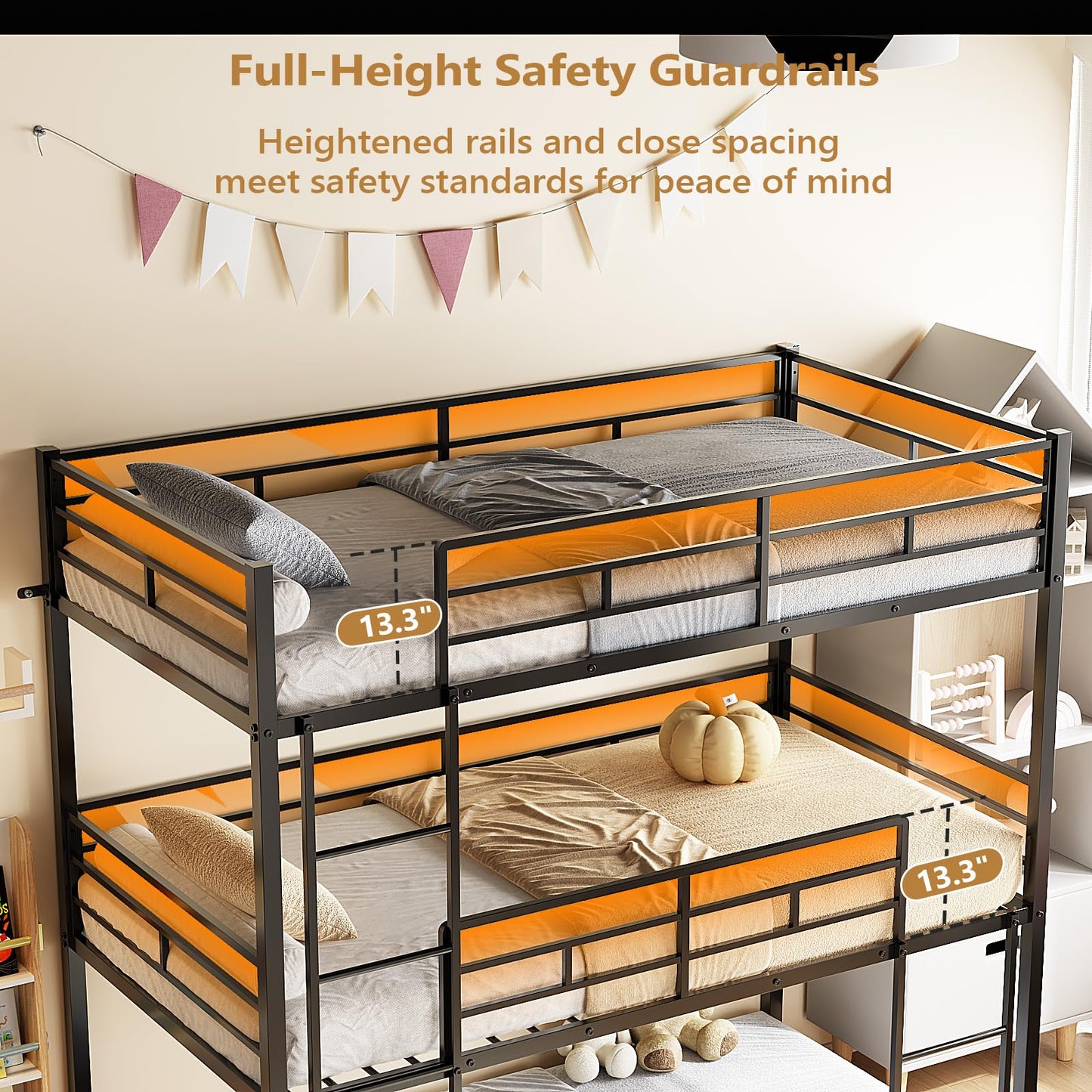 JOYMOR Triple Bunk Bed Twin Over Twin Over Twin, Metal 3 Bunk Bed for Kids, Teens and Adults, Heavy Duty Triple Bed Frame with Safety Guardrail, No Box Spring Needed