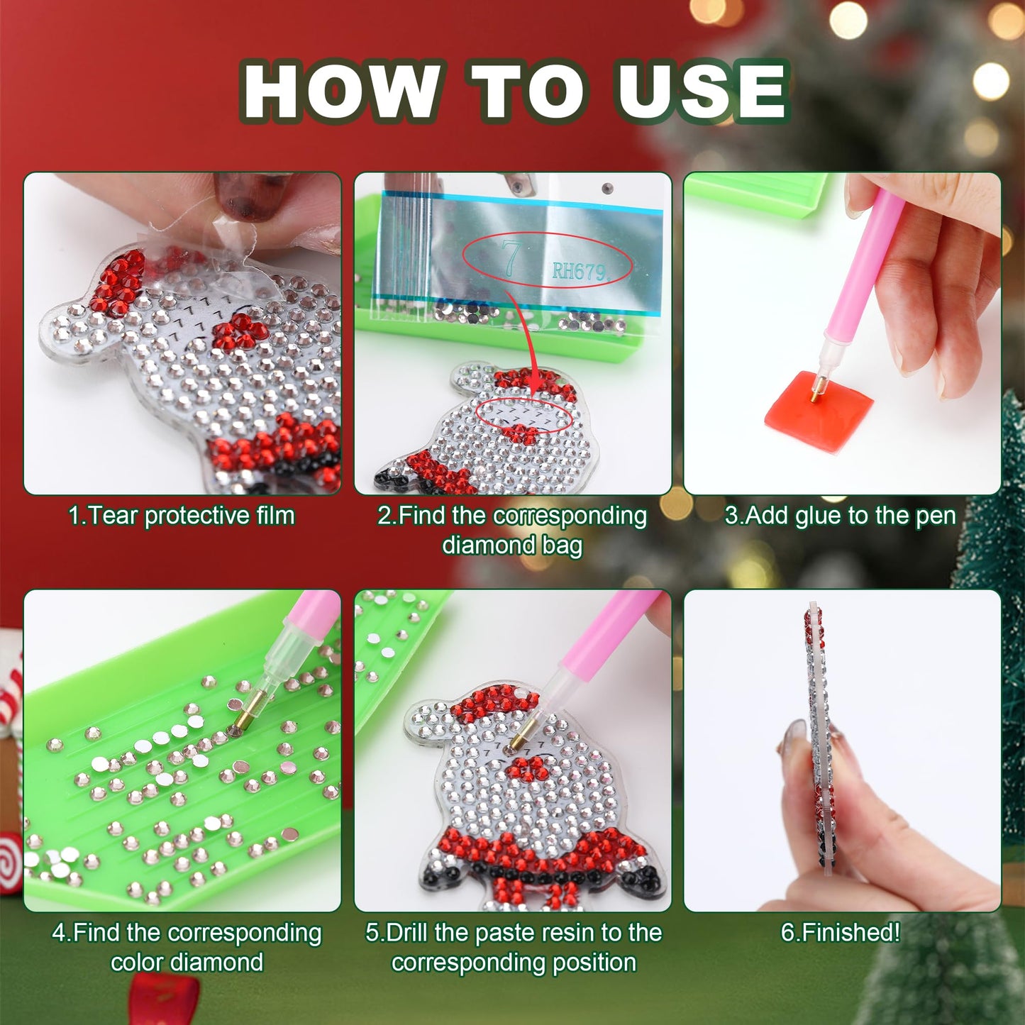 MUNORIAY 17 Pieces Double Sided Diamond Art Christmas Ornaments Christmas Keychains Diamond Art Kit for Adult DIY 5d Painting Round Drill Key Chain Xmas Crystal Arts Craft Keychain Supplies