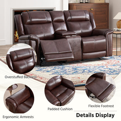 ANJ Premium Genuine Manual Reclining Sofa Set with Overstuffed Backrest, Included Single Recliner Chair and Loveseat 2-Seater Couch with Storage Console, 2-Piece Living Room Furniture Set, Rust Brown
