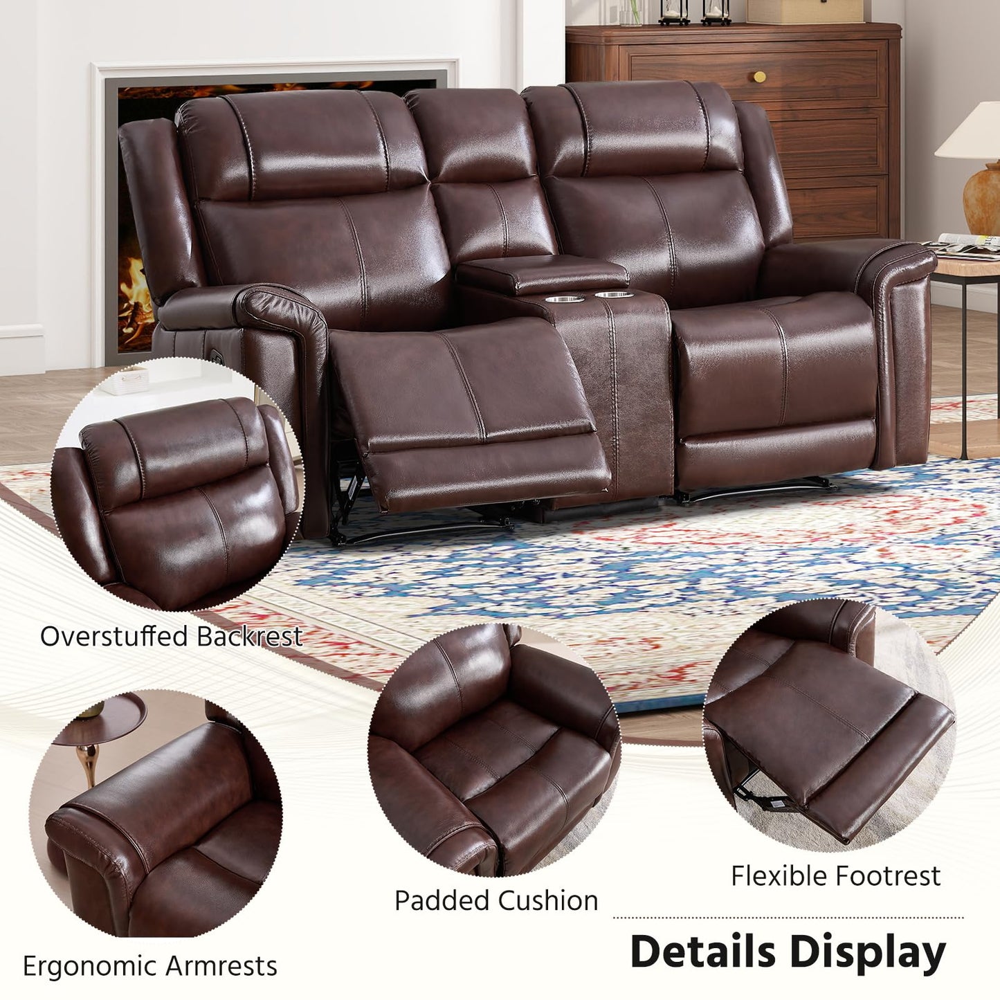 ANJ Geniune Leather Manual Loveseat Recliner Sofa Set of 2 with Center Console, Overstuffed 2-Seater Reclining Couch with Hidden Storage & Cup Holders, 2 Dual Recliner for Living Room, Rust Brown