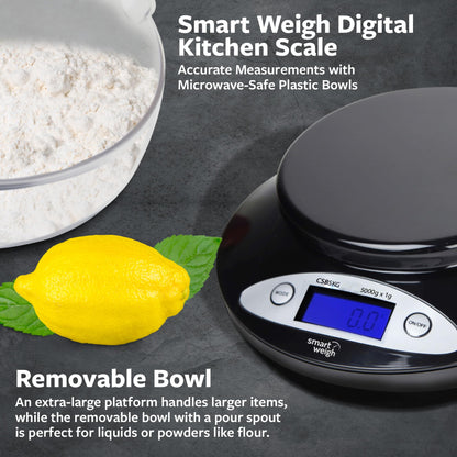 Smart Weigh Digital Kitchen Scale with Removable Bowl – 11lb/5kg Capacity, 0.1oz/1g Precision – High Accuracy Food Scale for Baking, Cooking & Meal Prep (Black)