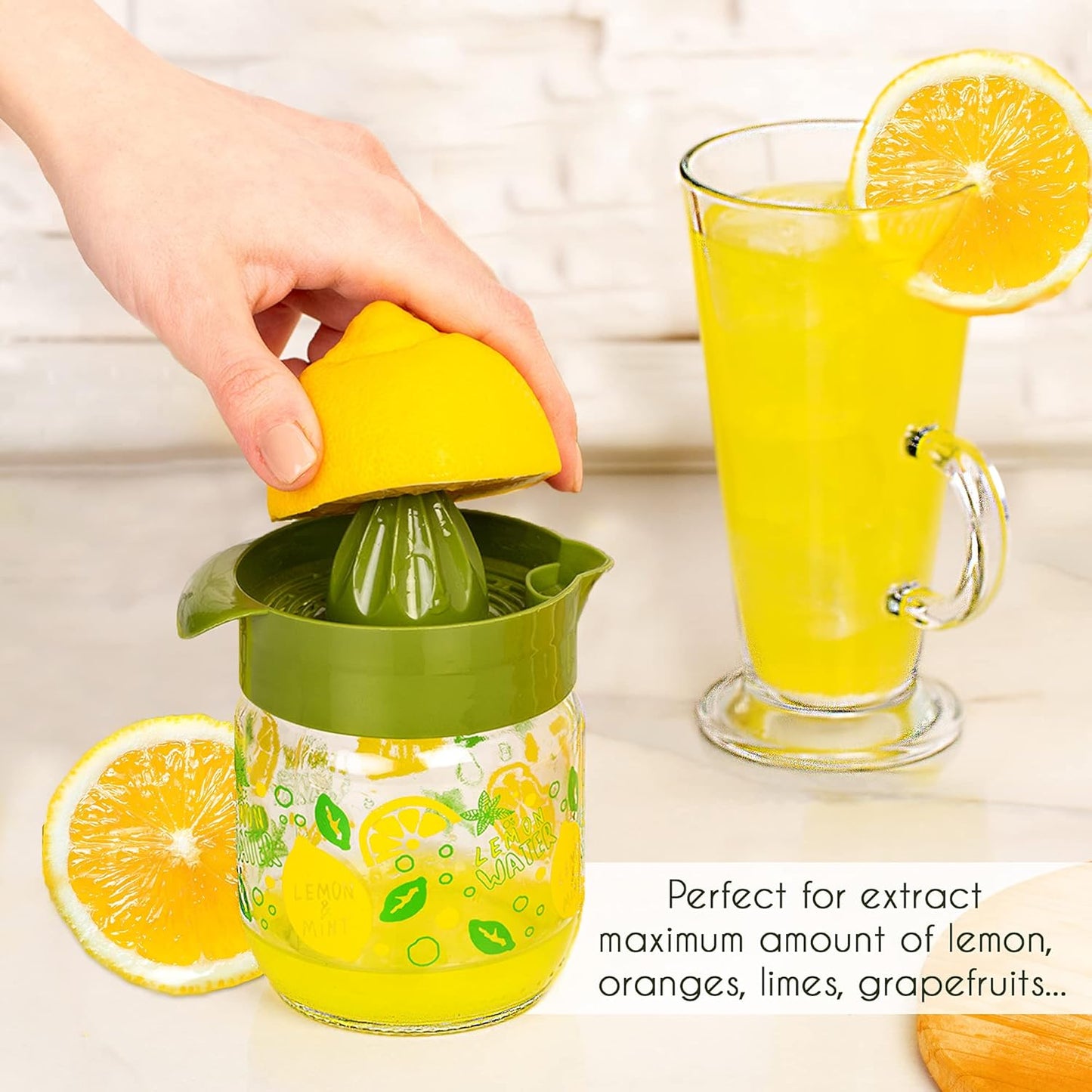 Crystalia Manuel Citrus Juicer with Glass Storage Jar - Handheld Juice Press Extractor for Lemon, Orange, Lime,