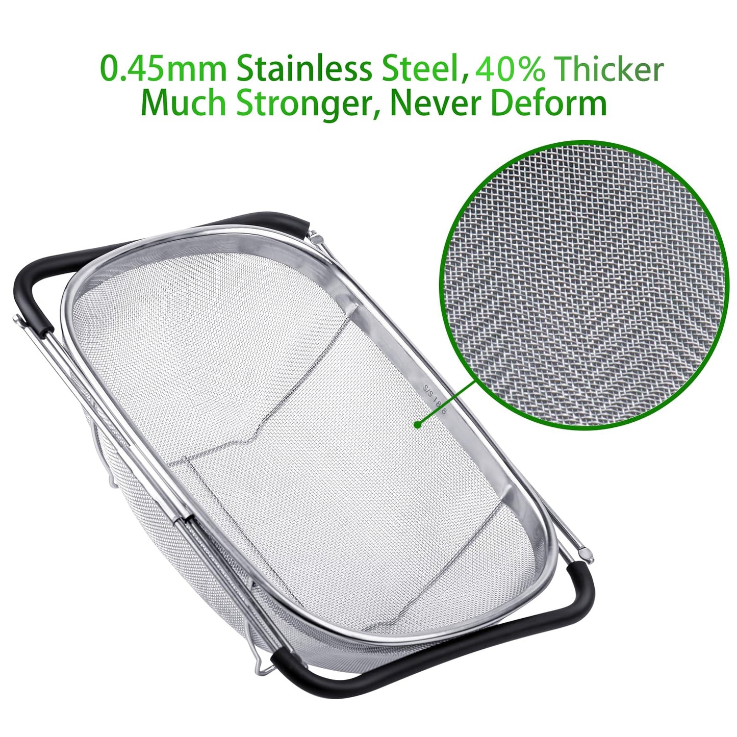 Tiawudi 6-Quart Large Over The Sink Colander, Heavy Duty 40% Thicker 18/8 Stainless Steel Fine Mesh Strainer Basket with Expandable Rubber Grip Handles - Strain, Drain, Rinse Fruits, Vegetables