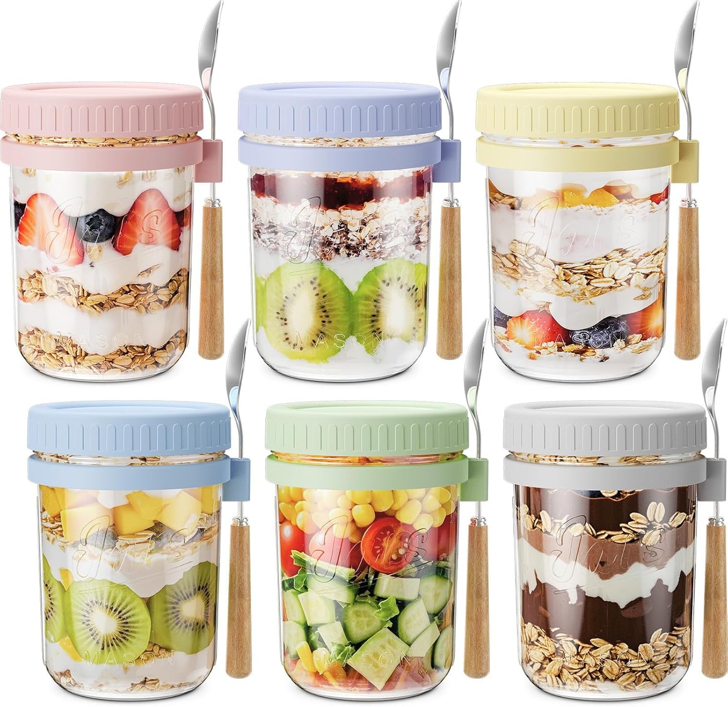16oz 6 Pack HomArtist Overnight Oats Containers with Lids and Spoons, Wide Mouth Mason Jars with Airtight Lids