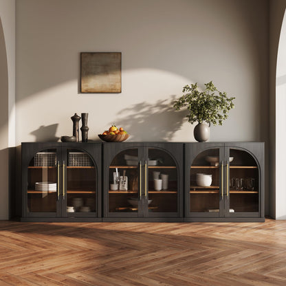 BELLEZE Set of 3 Modular Sideboard with Arched Glass Door, 97'' Accent Display Buffet Cabinet with Storage and Adjustable Shelves,Classic Modern Credenza for Dining Room Living Room Entryway (Ebony)