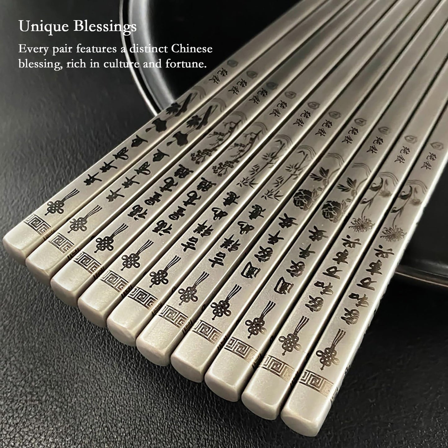 ‌Trekio Pure Titanium Chopsticks, 5 Pairs - Ultralight, Heat-Resistant & Non-Slip Design with Chinese Blessings | Elegant Gift Box for Asian Family & Food Lovers (9.17 Inches)