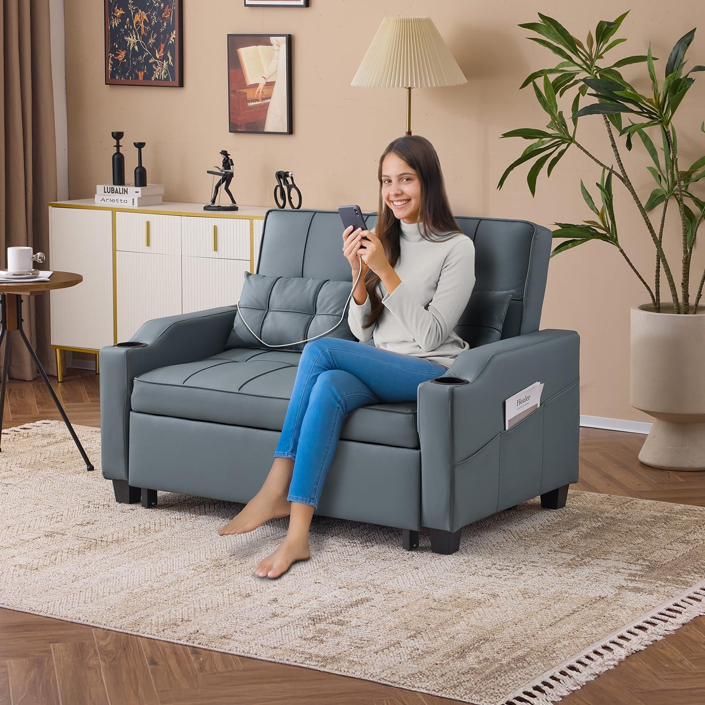 VINGLI Blue Grey Futon Sofa Bed Convertible Loveseat Sleeper Couch, Faux Leather Pullout Sofa Fold Out Couch Bed with USB Ports, Cup Holders, Armrest for Living Room, Bedroom Apartment Room