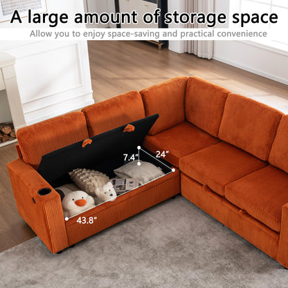 KEIKI 83" 4Seat Modular Sectional Sleeper Pull Out Bed Corduroy Sofa Couch with Chaise Storage Reversible USB Cup Holders for Creative Studio Modern Soft Bedroom Family Friendly Quality Design Orange