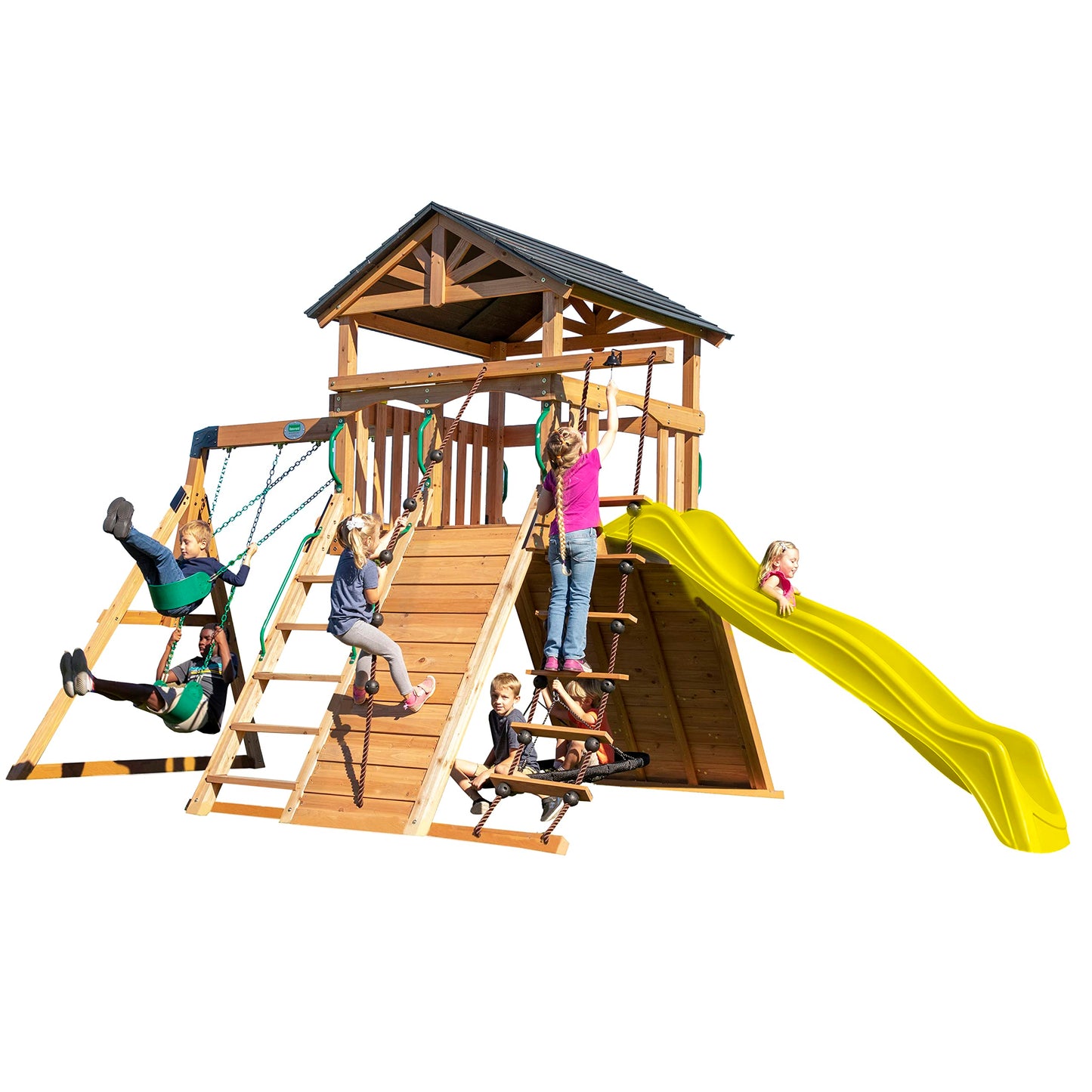 Backyard Discovery Endeavor Cedar Wood Swing Set with Wave Slide, Play Deck, Double Rock Wall, Rope Ladder, Climbing Wall, Belt Swings, 40-Inch Web Swing, Step Ladder, Toy Telescope, Outdoor Playset