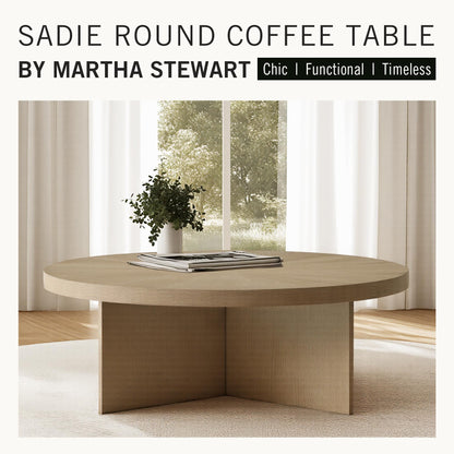 Martha Stewart Sadie Round Coffee Table – Starburst Veneer Top, Reclaimed Greige Wood Finish, Modern Accent for Living Room, Lounge, or Sitting Area, 36" Dia x 16.5" H