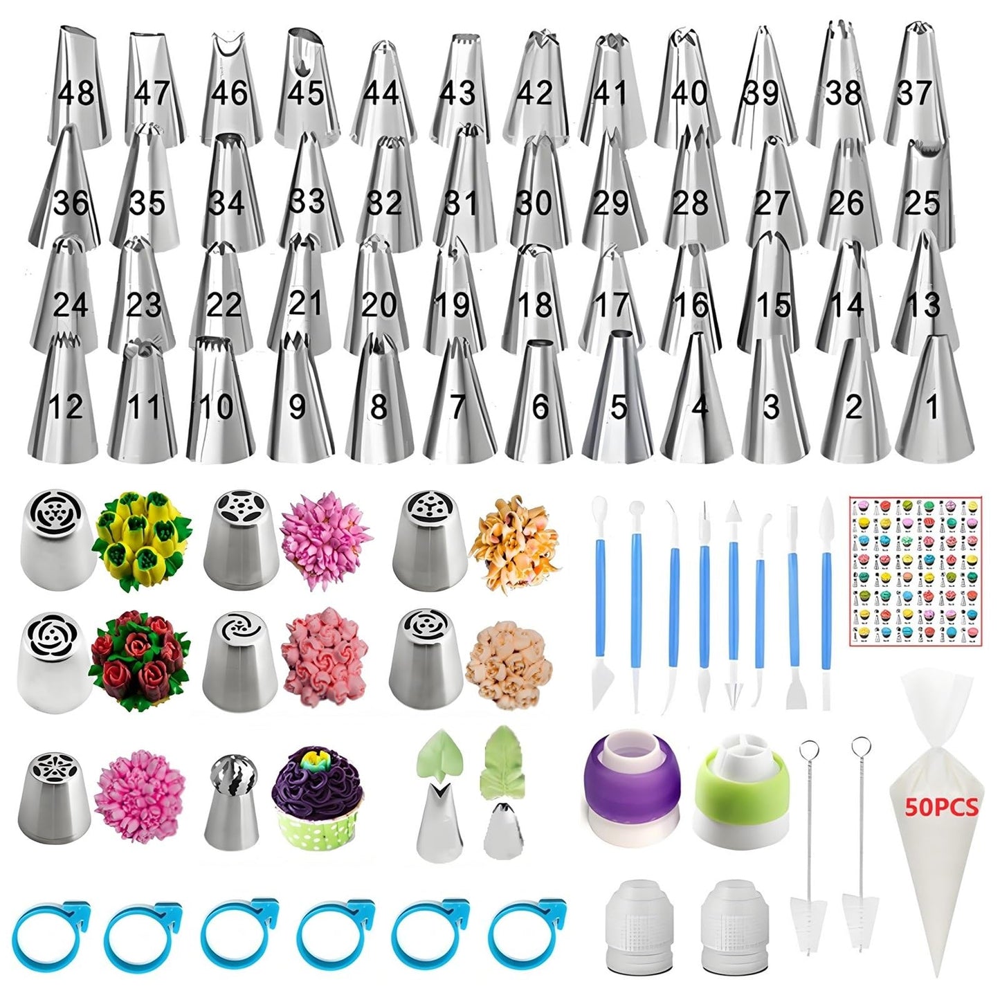 YOQXHY Piping Bags and Tips Set, 130 Pcs with 48 Numbered Icing Tips, 7 Russian Tips, 1 Ball Tip, 2 Leaf Tips, 8 Carved Pens, 4 Couplers, 50 Pastry Bags & More for Cake Cupcake Decorating