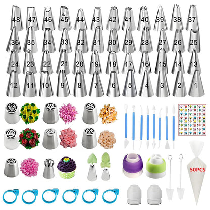 YOQXHY Piping Bags and Tips Set, 130 Pcs with 48 Numbered Icing Tips, 7 Russian Tips, 1 Ball Tip, 2 Leaf Tips, 8 Carved Pens, 4 Couplers, 50 Pastry Bags & More for Cake Cupcake Decorating