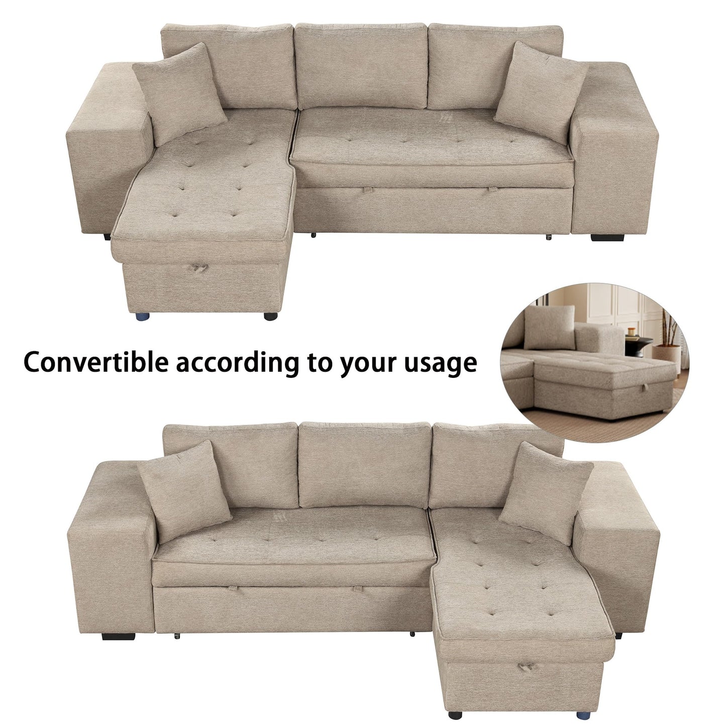 Merax 3 Seat Reversible Sectional Couch, Modern L-Shape Pull Out Sleeper Sofa with Storage Chaise and 2 Stools for Living Room Furniture Set, Cream