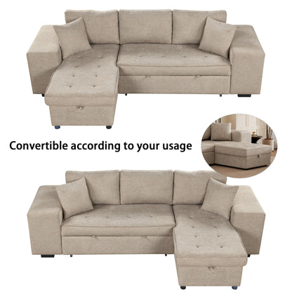 Merax 3 Seat Reversible Sectional Couch, Modern L-Shape Pull Out Sleeper Sofa with Storage Chaise and 2 Stools for Living Room Furniture Set, Cream