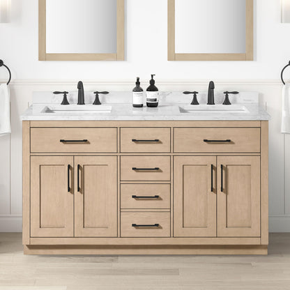 OVE Decors Athea 60 in. Double Sink Freestanding Sahara Birch Bathroom Vanity with White Engineered Marble Top, Matching Backsplash and Power Bar