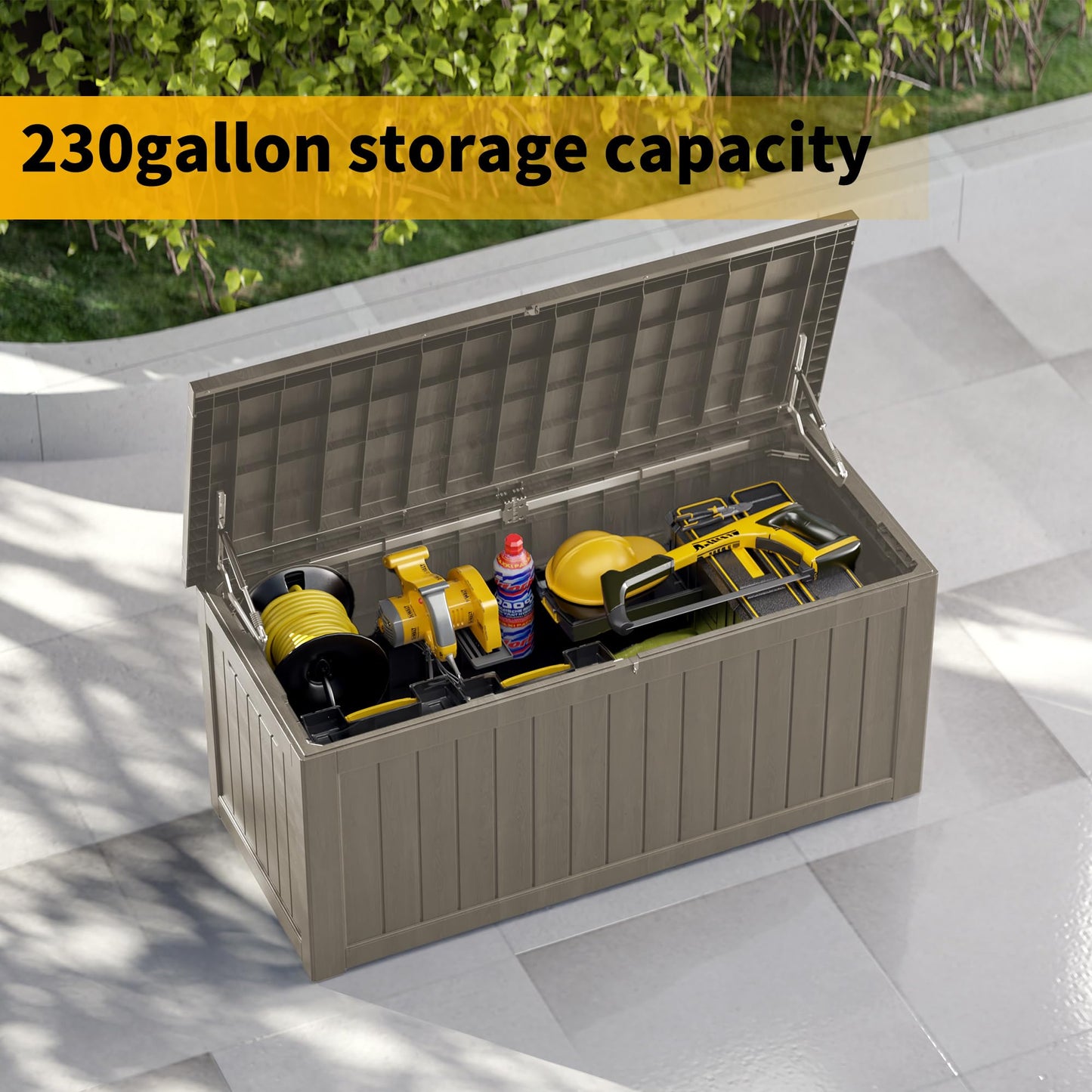MONDAWE 230 Gallon Resin Deck Box Waterproof Outdoor Storage Box Lockable Patio Storage Container Bench Seating for Cushions Garden Tools Pool