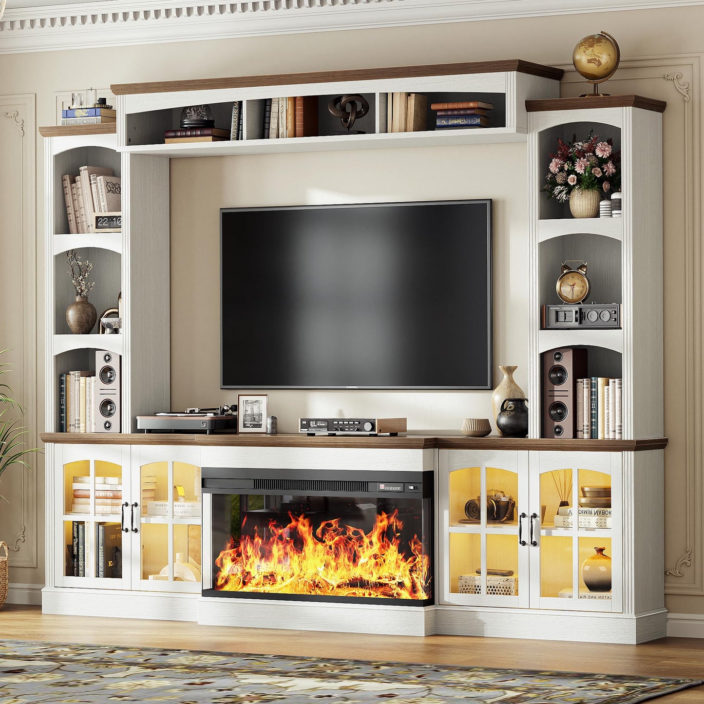 OneBlis 98" Farmhouse TV Stand with 36" Electric Fireplace, Bookshelves, Fits 75" TVs, Entertainment Center with Storage Cabinet, Large Wall Unit Media Console for Living Room, White