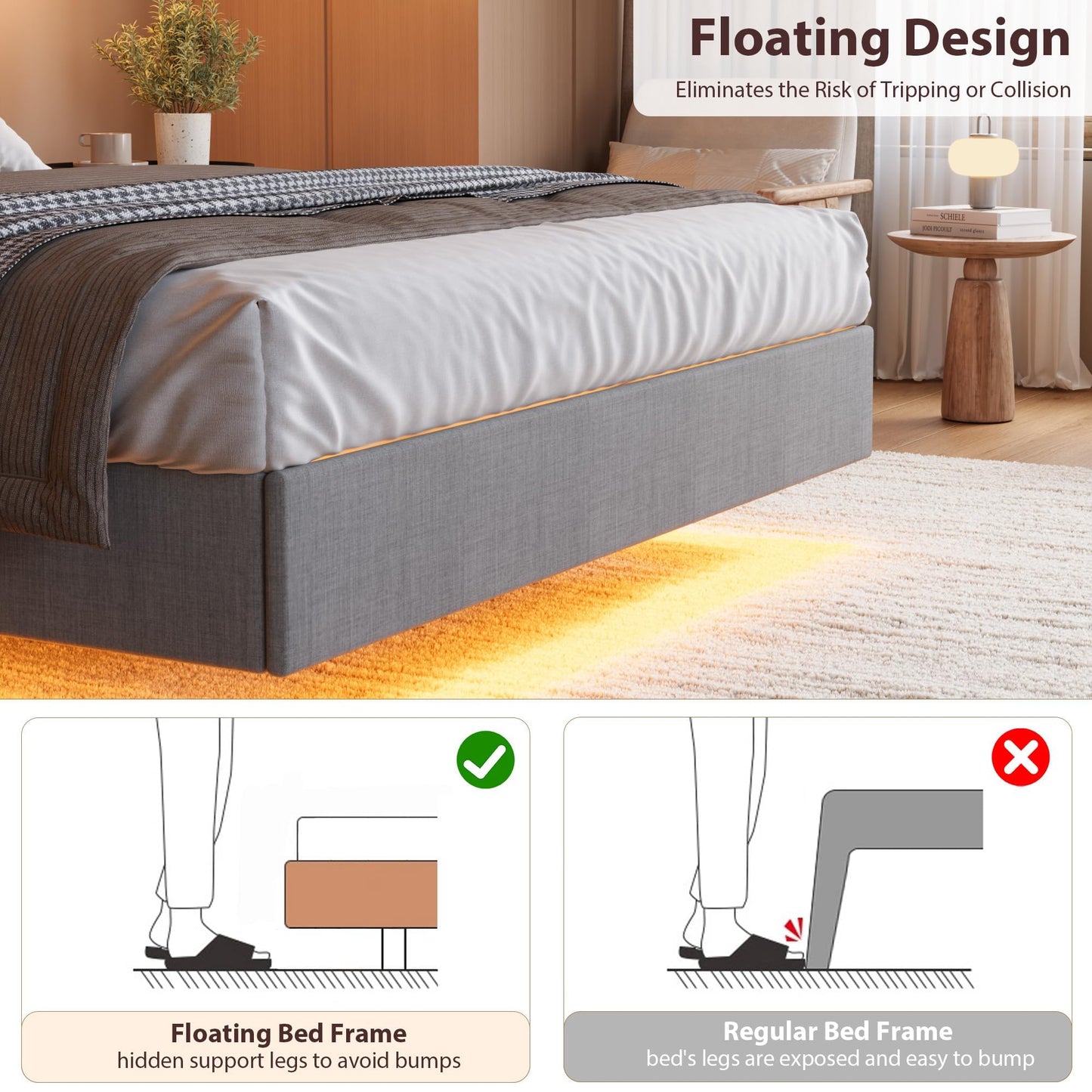 GarveeHome Floating Bed Frame Full with LED Lights & USB Charging Station – Modern Upholstered Platform Bed with Headboard, Solid Wood Slats Support, No Box Spring, Easy Assembly, Noise-Free, Grey