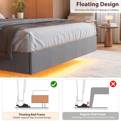 GarveeHome Floating Bed Frame Full with LED Lights & USB Charging Station – Modern Upholstered Platform Bed with Headboard, Solid Wood Slats Support, No Box Spring, Easy Assembly, Noise-Free, Grey