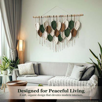 KORSIV Large Macrame Wall Hanging Boho Woven Tapestry, Modern Bohemian Handmade Leaf Feather Wall Art Decorations for Apartment Dorm Living Room Bedroom Nursery Backdrop, Chic Home Decor