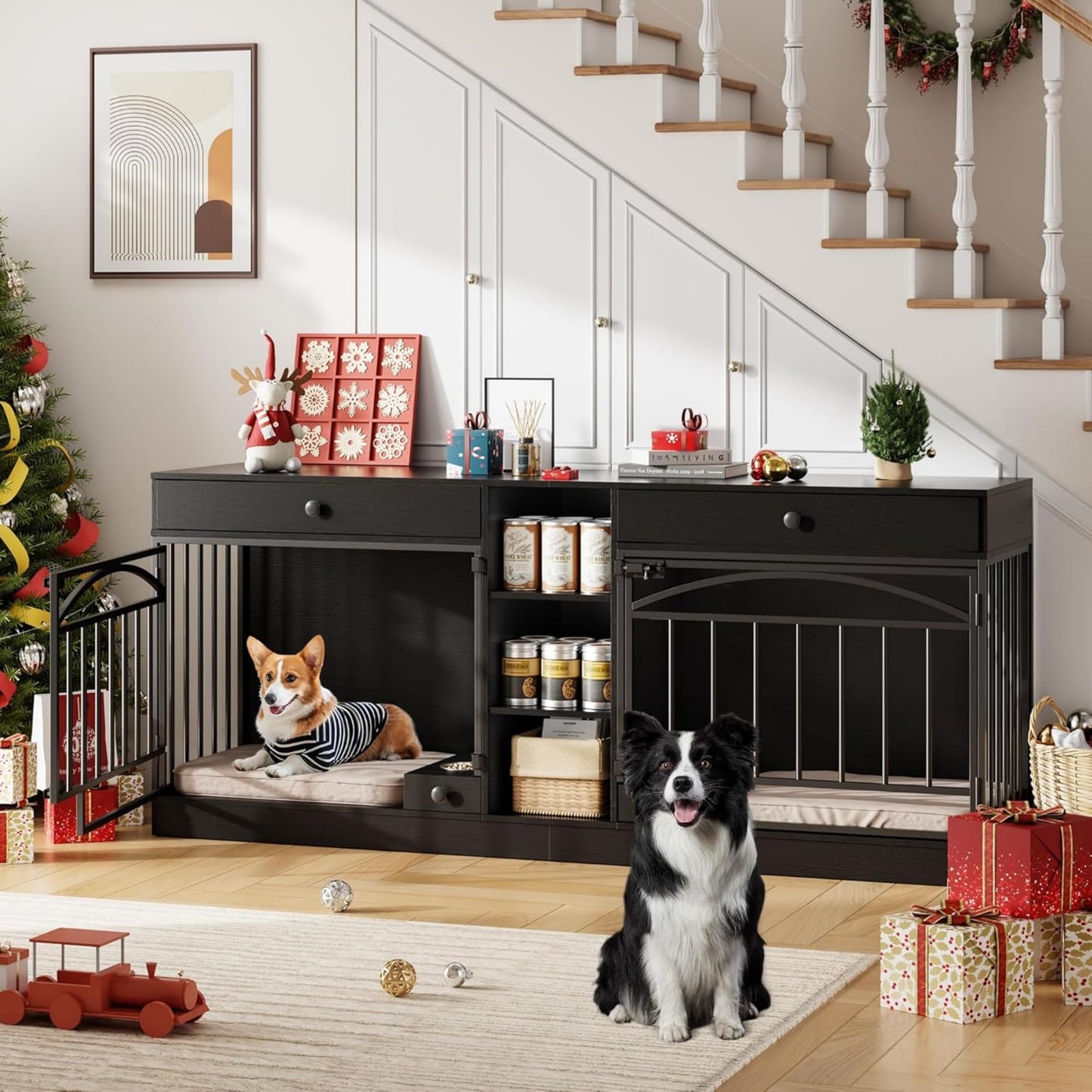 GAOMON Dog Crate Furniture for 2 Dogs, 78.7'' Large Dog Kennel Indoor with 2 Storage Drawers, 3 Shelves and Feeding Bowls, Double Dog Crate TV Stand for Small and Medium Dogs, Black