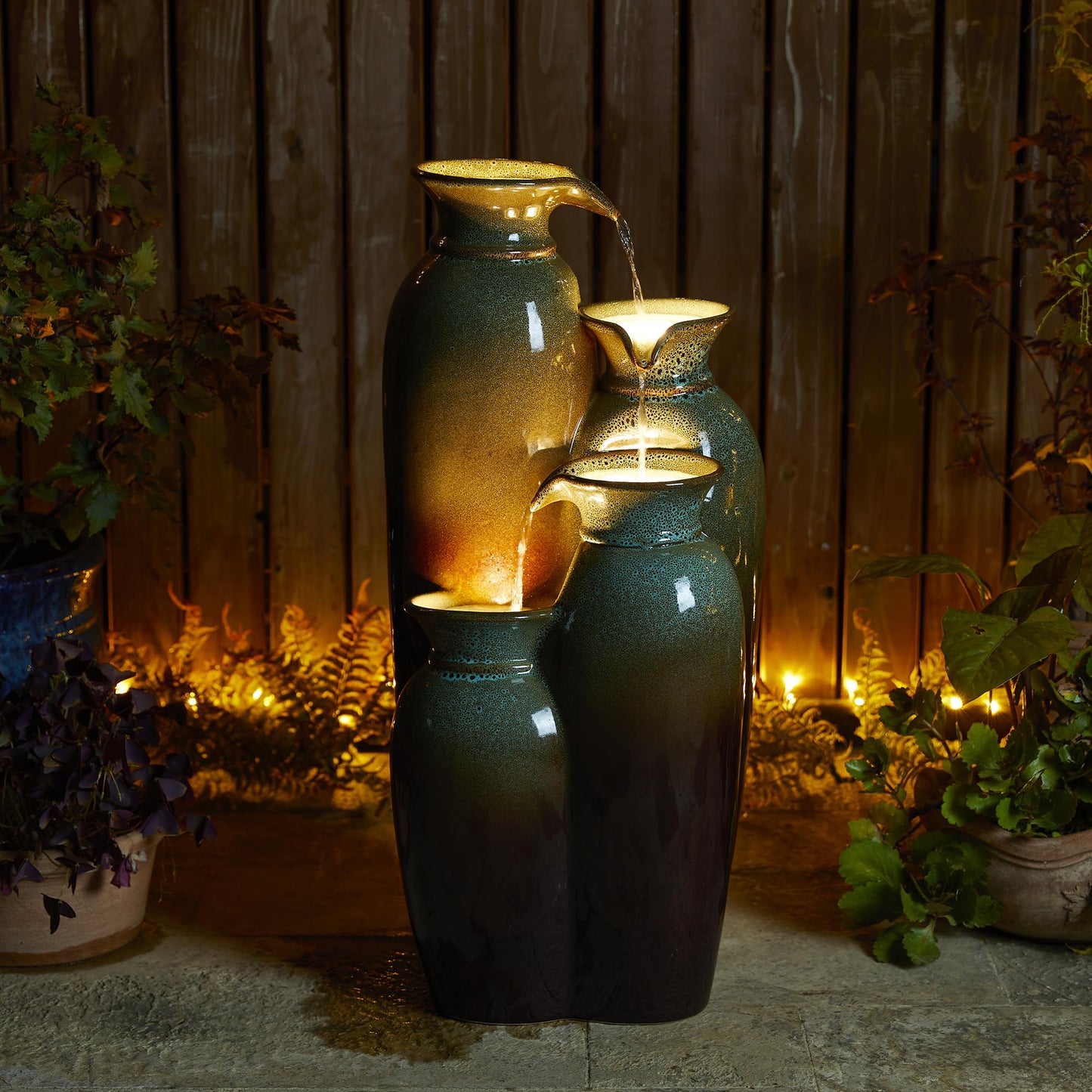 Glitzhome 30.75" H Vase Ceramic Outdoor Water Fountain with LED Lights and Pump, 4-Tier Olive Green and Brown Reactive Glaze Cascading Pots Standing Fountain for Porch Deck Garden Patio Backyard