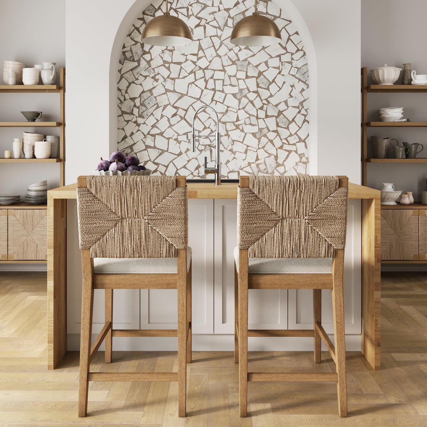 Nathan James Beacon Bohemian Boucle Bar Stool, Upholstered Counter Height Chair with Solid Wood Frame and Woven Seagrass Back for Kitchen Island, Light Brown/Seagrass/Cream Boucle, Set of 2