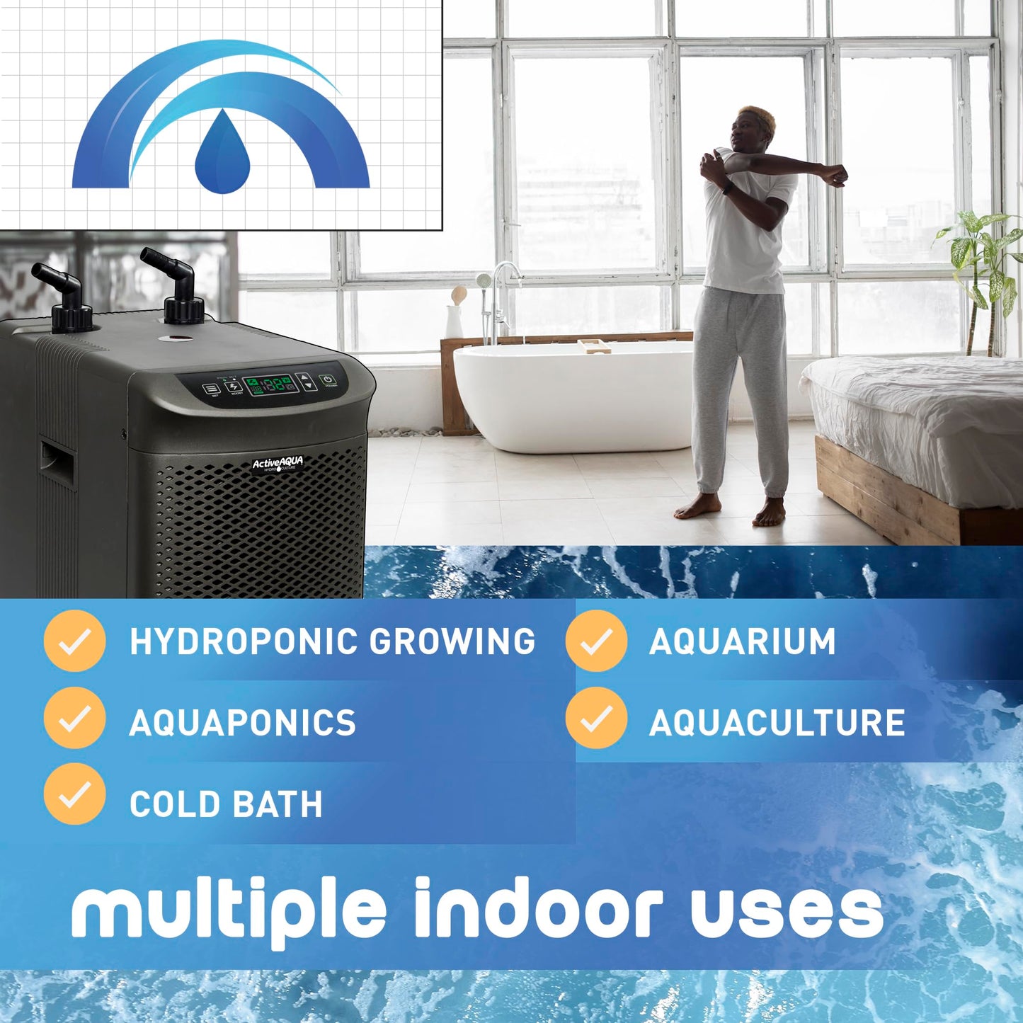 Active Aqua Hydroponic Water Chiller for Aquaponics, Plunge Baths and Aquariums, 0.25 HP - Portable Cooling System with Boost Function for 40-92 Gallon Reservoirs, Pure Titanium Evaporator Cooler