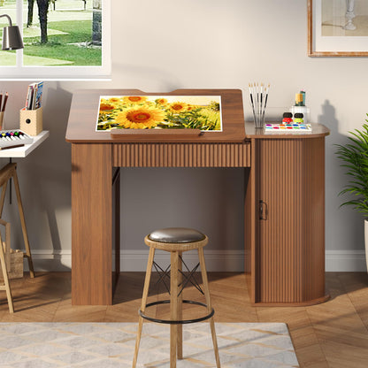 Lurinthal Drafting Table with Storage Cabinet & Drawers, Crafting Table with Open Shelves, Fluted Drawing Desk Computer Desk for Artists, Painters, Drawing, Crafting, Reading, Writing, Working