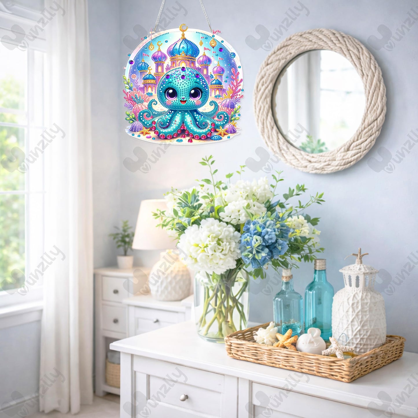 Yunzlly DIY Hanging Diamond Art Pendant Kit, Special Crystal Double Sided Diamonds Painting Ornament Kit for Adults, Acrylic Gem Painting Board for Window&Door&Wall (Octopus)