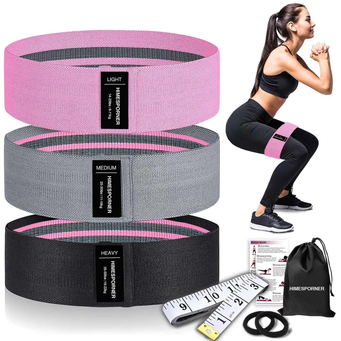 Wide Fabric Resistance Bands for Working Out, 3 Level Non-Slip Exercise Booty Bands for Women & Men Leg and Glutes with Hair Ties and Tape Measure - for Home Gym Workout, Yoga, Pilates