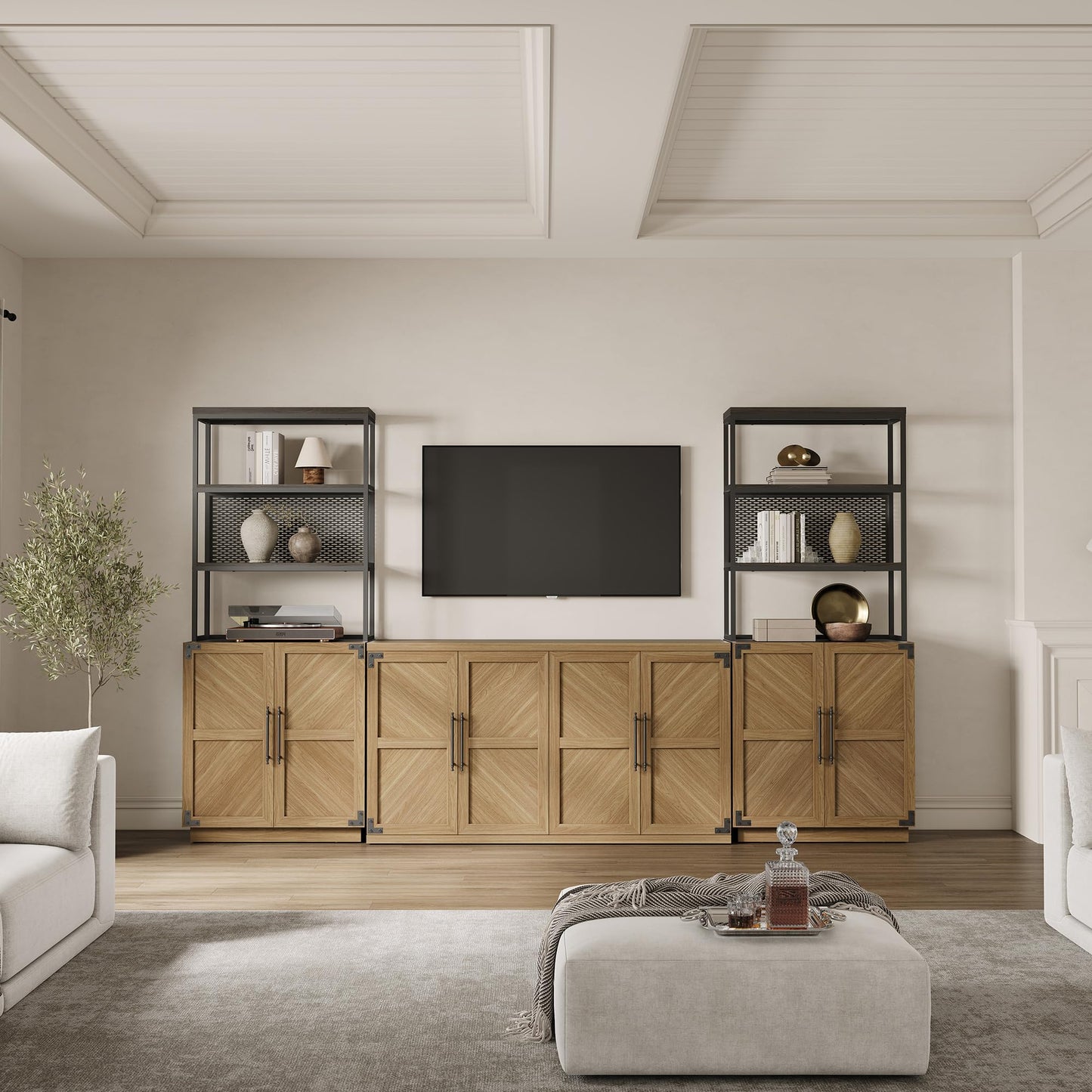 SICOTAS Buffet Cabinet with 4 Doors, Modern Sideboard Cabinet with Storage and Adjustable Shelves, Large Credenza Storage Cabinet (1, Oak Brown)