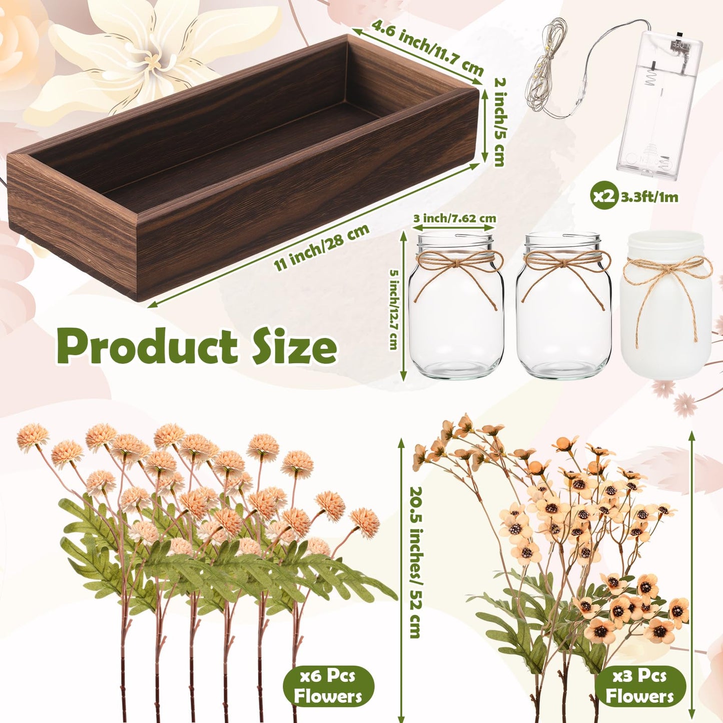 Suncalla 3 Pcs Summer Mason Jar Centerpiece Table Decorations Khaki Faux Kiku Flowers Decorations with Wood Tray and LED Light for Dining Kitchen Bathroom Farmhouse Coffee Table Decor