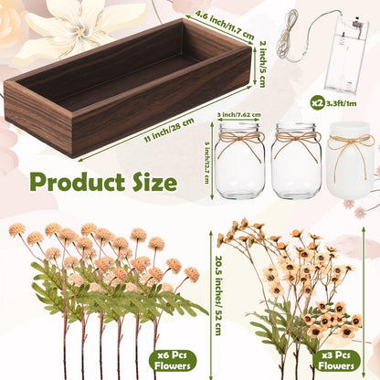 Suncalla 3 Pcs Summer Mason Jar Centerpiece Table Decorations Khaki Faux Kiku Flowers Decorations with Wood Tray and LED Light for Dining Kitchen Bathroom Farmhouse Coffee Table Decor