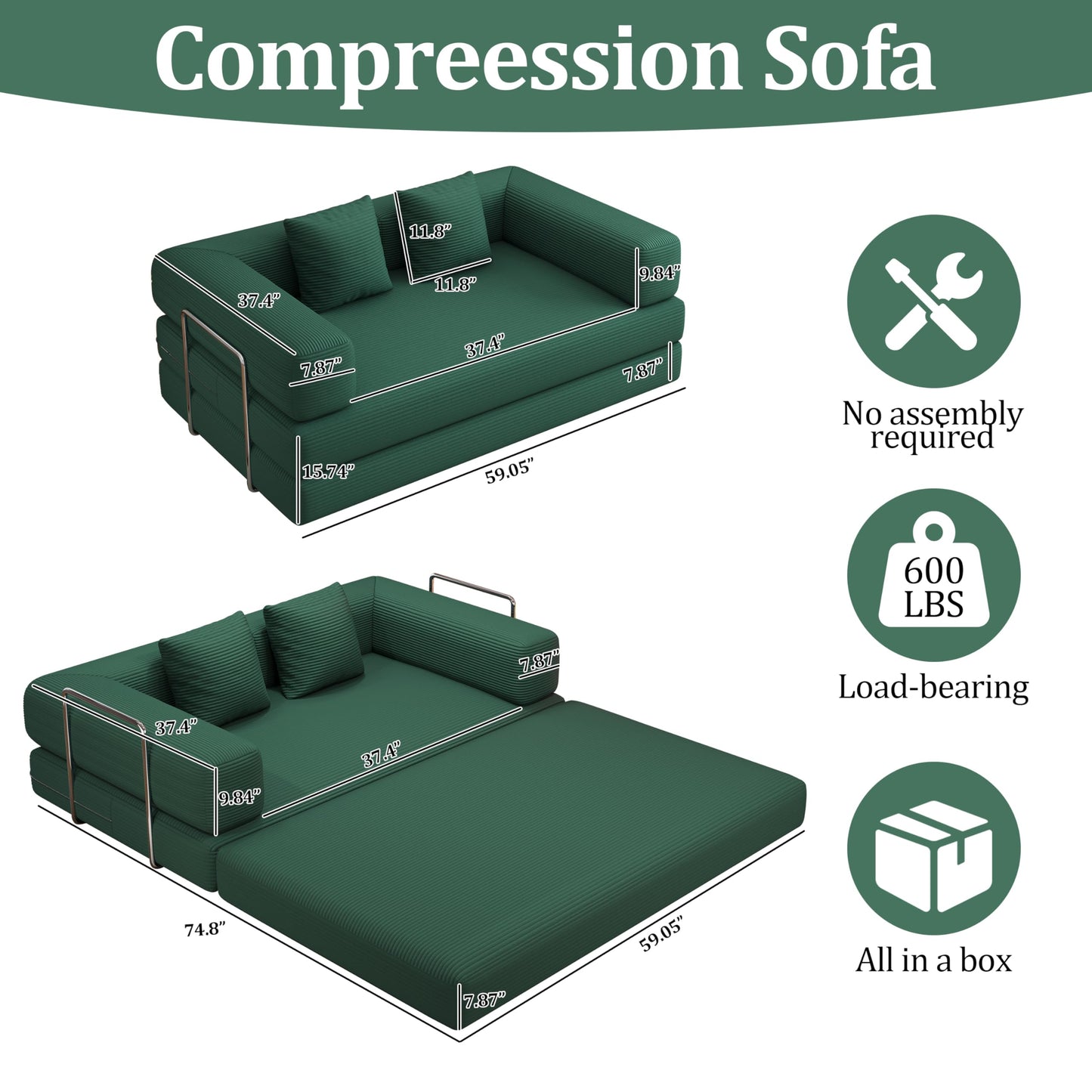 59.0 Inch Convertible Sofa Bed, 4-in-1Futon Sofas Bed Pull Out Sleeper Couch, Modern Deep Seat Sofa for Living Room, Corduroy Boneless Couches for Bedroom, Apartment, No Assembly (Green, 59” 2 Seat)